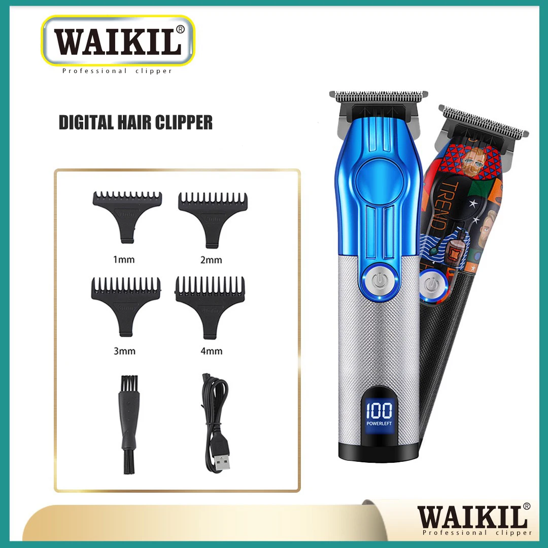 WAIKIL Professional Men's Electric Barber Metal Body USB Charging Cordless Pusher Digital Display Intelligent Trimmer