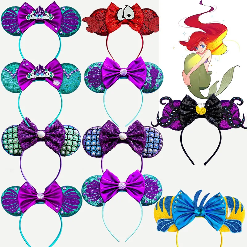 Disney Princess Ariel Headband Women Sequins Flounder Sebastian Hair Bands Kid Cosplay The Little Mermaid Hair Accessories Girl