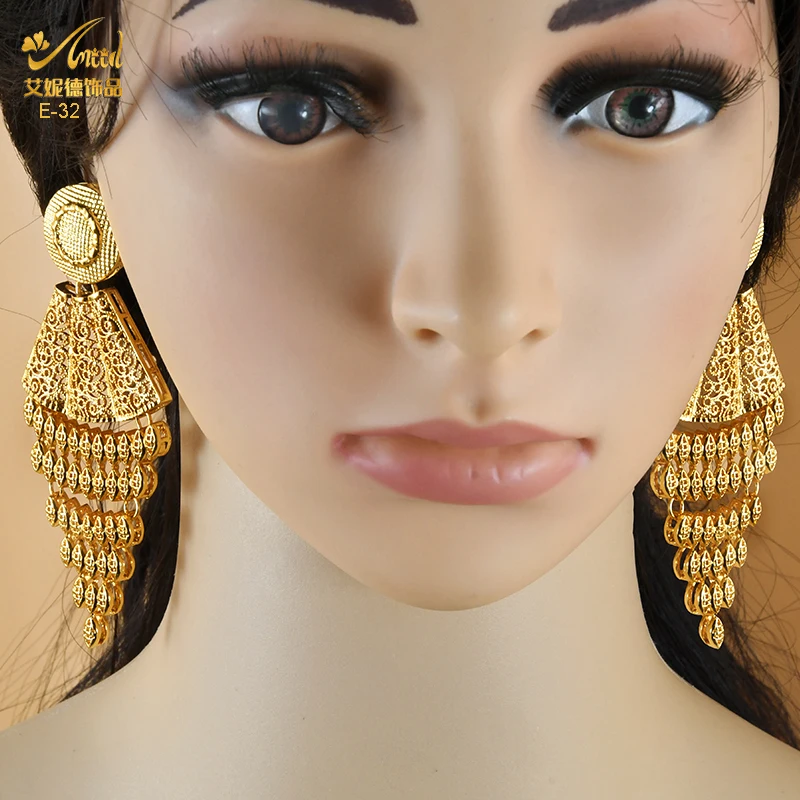 

ANIID Dubai Big Earrings Fashion Tassels Stud Earrings For Girls Women Arabic Charm Pendant Earrings Wedding Party Jewelry Gifts