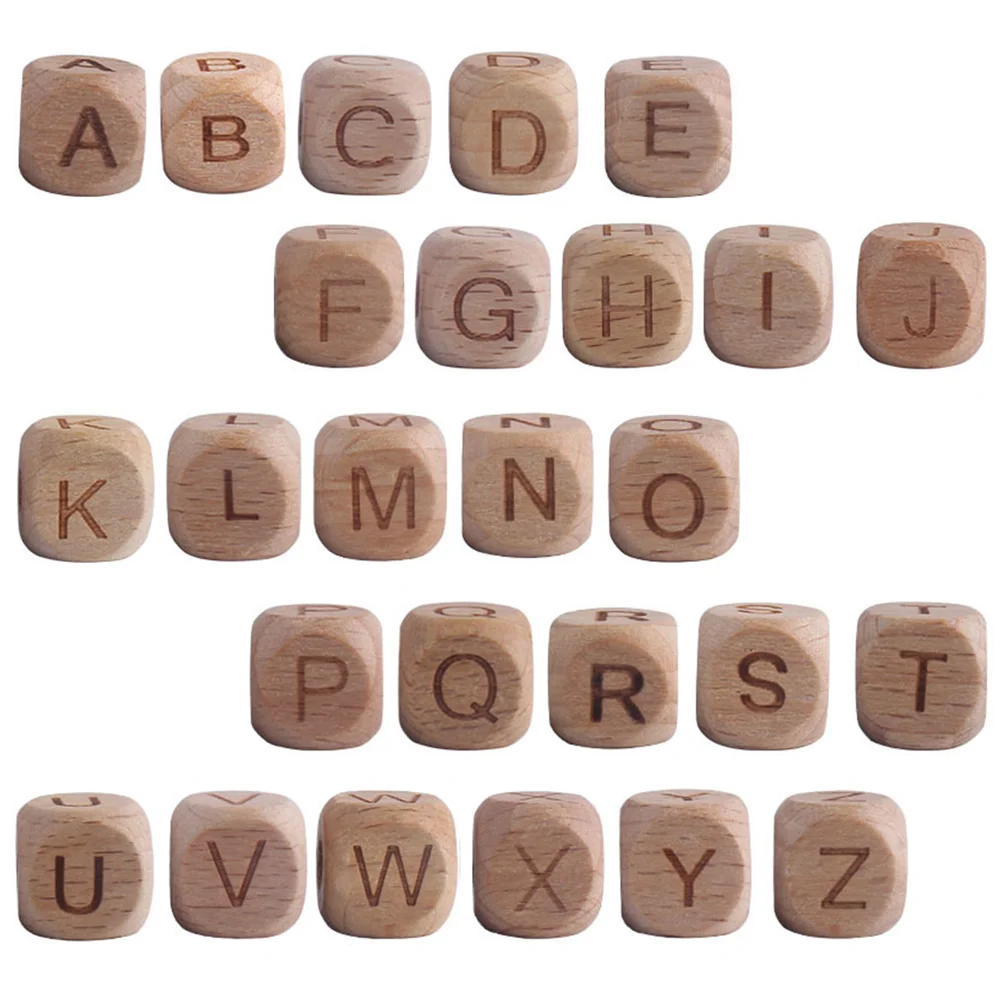 26 Pcs English Alphabet Wooden Beads DIY Jewelry Square Letter Pendant Craft Making Baby