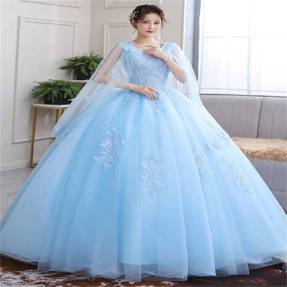 Vestido de quinceañera de lujo, con cuentas doradas, amarillas y verdes, con cuello en V, de manga larga, para cumpleaños y noche, 4020