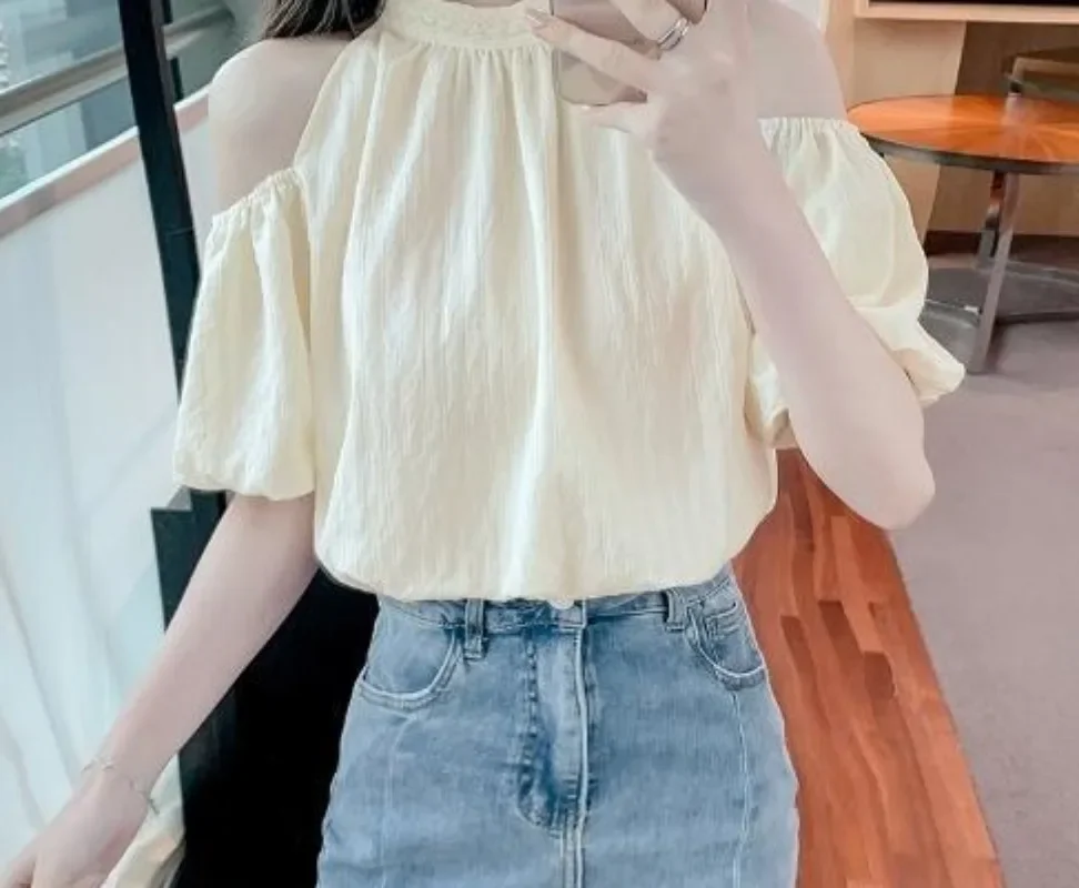 Kawaii with Bow Women's Shirt and Blouse Chiffon Puffy Sleeves Cute Female Tops Sexy Cool Tall Elegant Chic Luxury Social M Fine