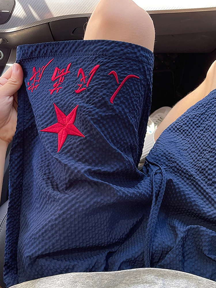 

Летние брюки свободного кроя, мужские дышащие повседневные брюки из ткани Qui Dry Bubble с вышивкой, американская пляжная одежда