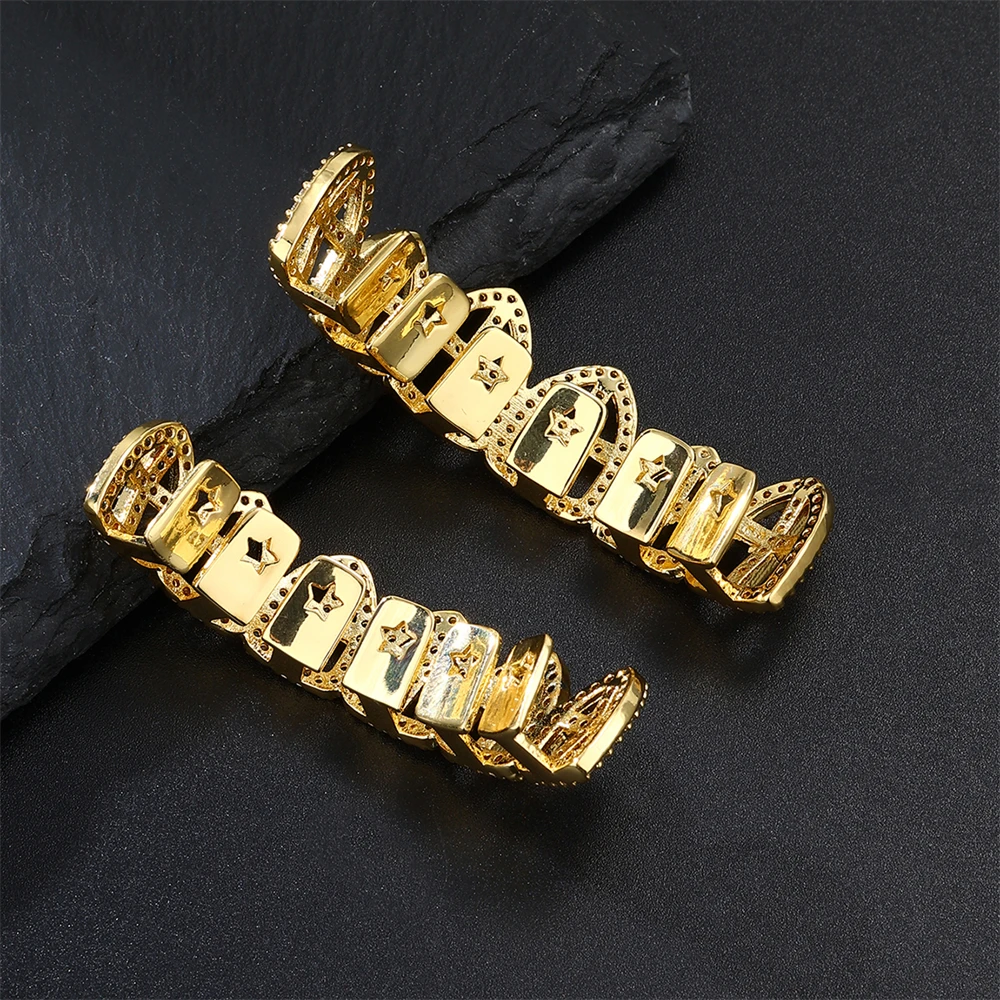 D&Z New Bling Hollow Cross Teeth Grills For Unisex Copper Iced Out CZ Stones Paved Grills Teeth Charm Hip Hop Jewelry Gift