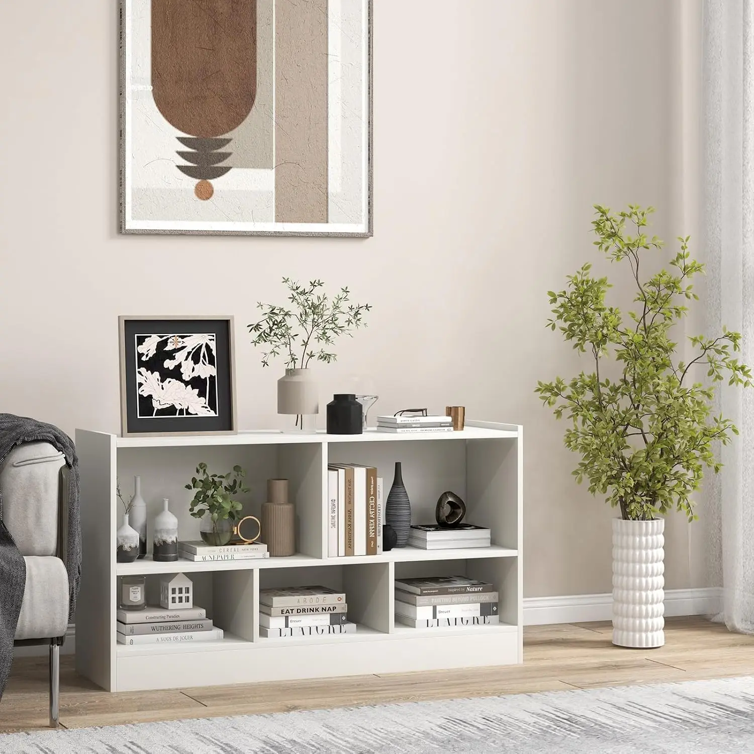 2-Tier Bookcase, 5 Cube Wood Storage Cube Bookshelf, Floor Standing Display Storage Shelf With Non-Slip Foot Pads,, Customized