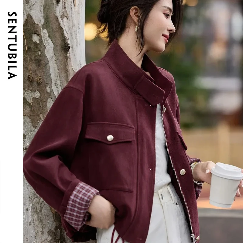 

SENTUBILA Woman Long Sleeve Jackets 2025 Autumn Retro Stand Collar Loose Coat Color-block Patchwork Plaid Outerwear 153WB1939