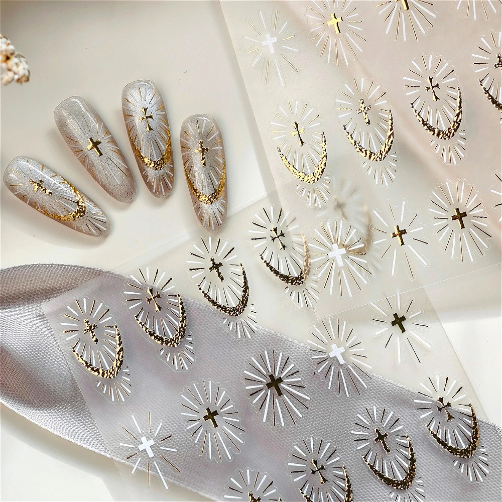 

Gold Stamped White Holy Light Cross French Lines 3D Self Adhesive Nail Art Stickers Fashion Cool Manicure Decals Wholesale