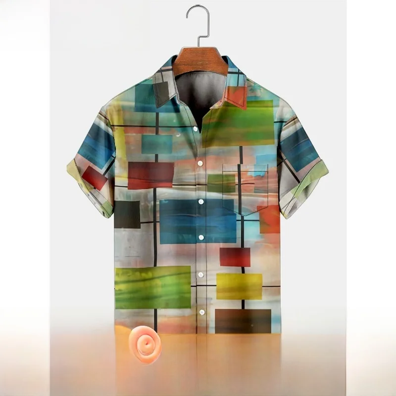 

Men's ort Sve irt Irregular Print Slim Fit Summer Faion Casual Wear Youth Trend European Simple Sle Turn-down Collar