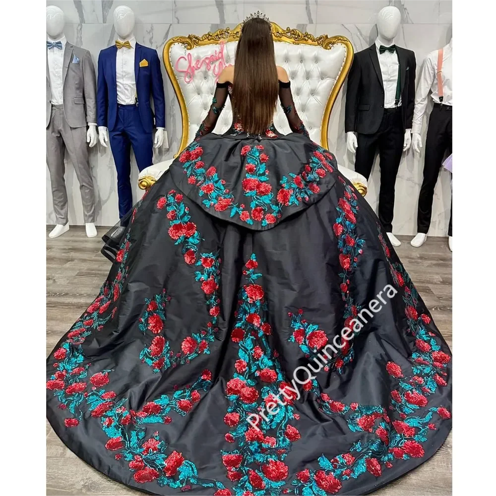 Black Off Shoulder Long Sleeves Tiered Quinceanera Dresses Rose Pattern Sequin Lace Up Corset with Train Vestidos de Quinceañera