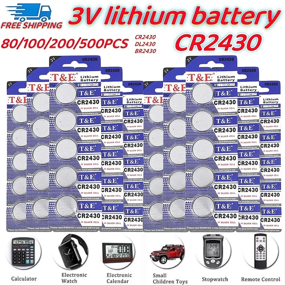 100PCS CR2430 Button Coin Battery 3V Lithium Battery CR 2430 DL2430 BR2430 280mAh for Key Fob Watch Alarm Clock Remote Control