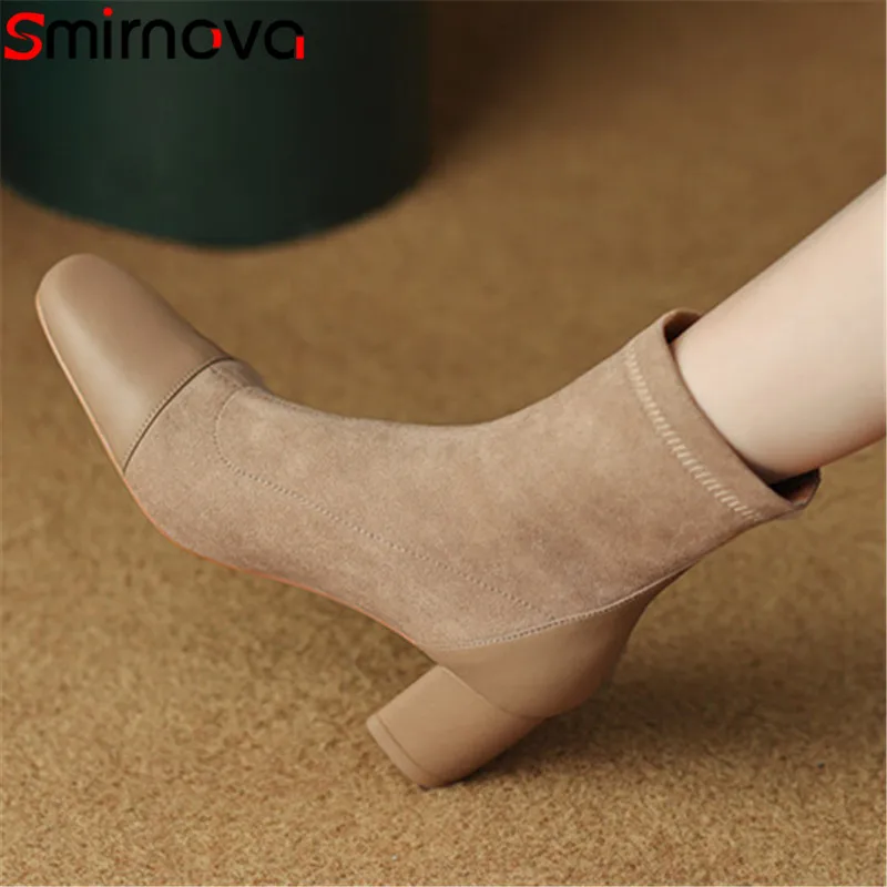 

Smirnova 2023 New Size 34-39 Genuine Leather Retro Winter Boots Woman Slip On Ankle Boots Square Med Heels Dress Shoes