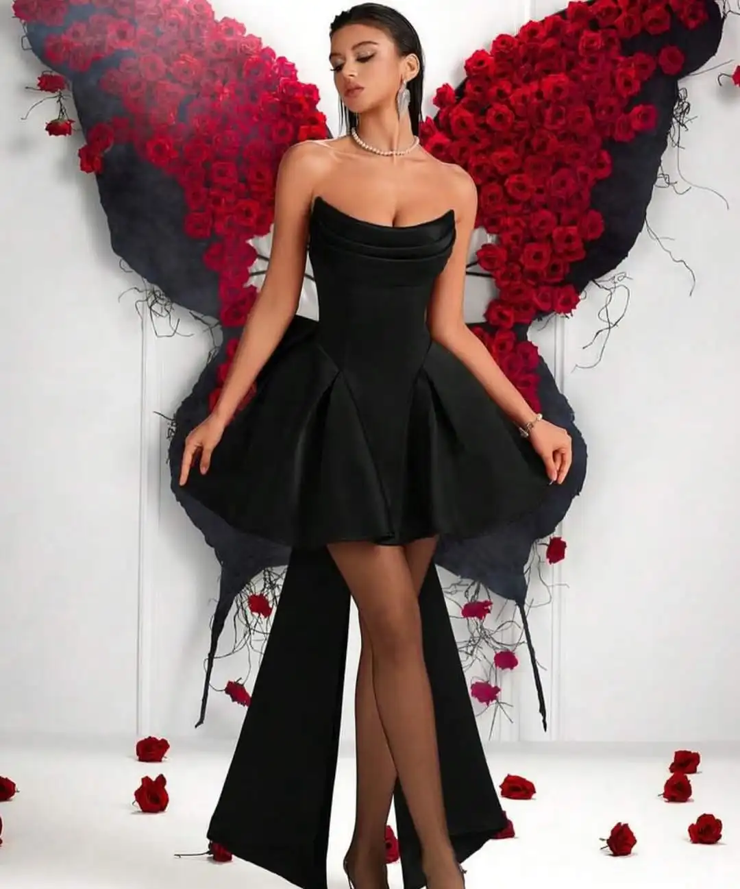 

Strapless Satin Prom Dresses High Low Evening Dresses Party Gowns with Large Bow Back for Homecoming