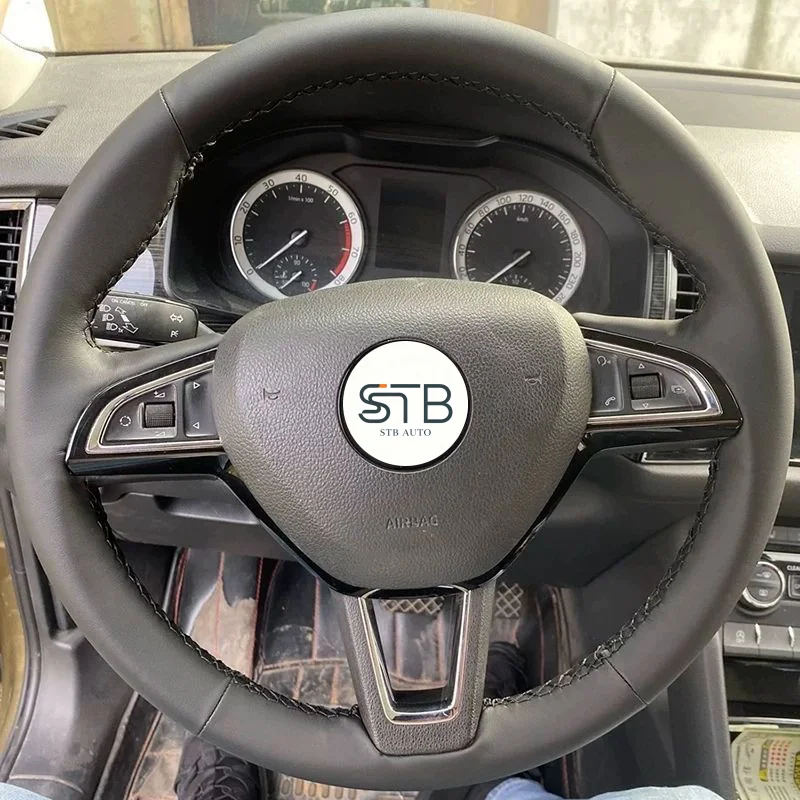 Hand‑Stitched Steering Wheel Cover, Non‑Punched Genuine Leather, Custom Fit for Skoda Superb, Octavia, Karoq, Kamiq, Kodiaq