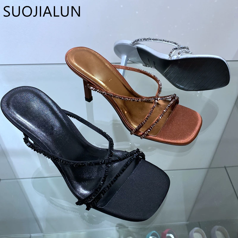 SUOJIALUN 2022 New Brand Women Slipper Fashion Carystal Narrow Band Ladies Sandal Round Toe Thin High Heel Elegant Slides Shoes