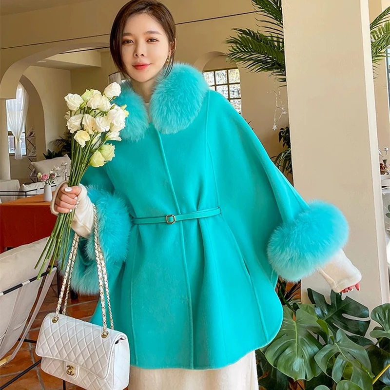 Korea Style Hand Make Women Lady Autumn Loose Oversize Lovely Woolen Cape Real Fox Fur Cloak Coat
