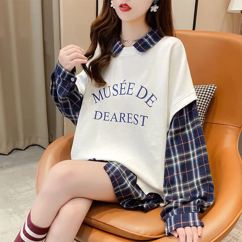 New Autumn and Winter Fashion Trend Round Neck Panel Contrast Color Versatile Casual Plaid Style Women\'s Long Sleeve Sweater