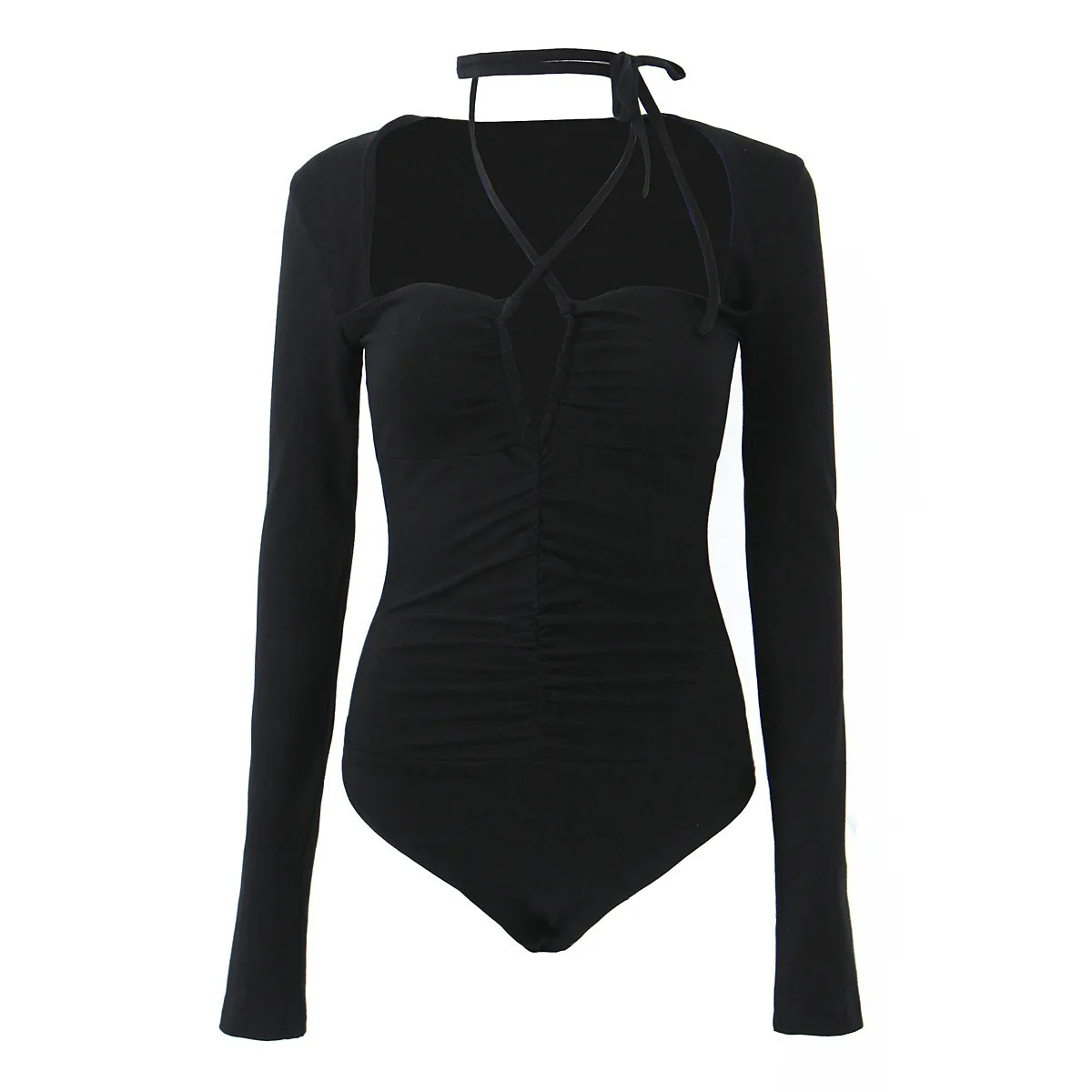 

Women Lacing Strap Long Sleeve Black Red Bodysuit