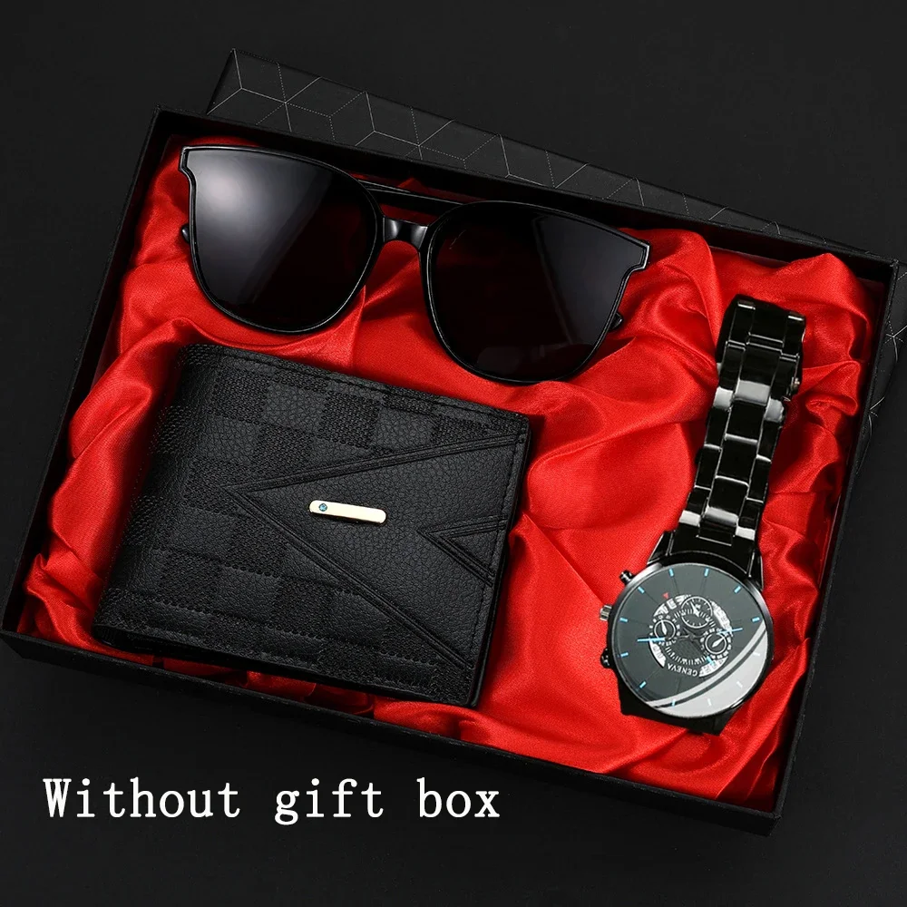 2025 크로스보더 핫셀링 3종 세트 남성 비즈니스 맞춤형 캘린더 스틸 벨트 시계 선글라스 지갑 세트