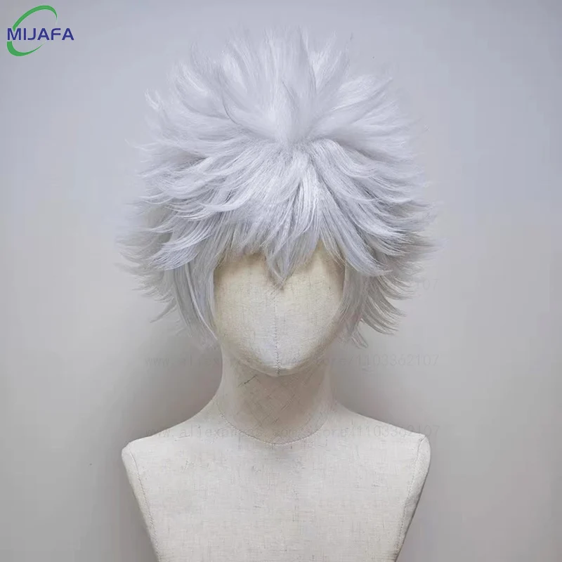 

High Quality Anime Hunter Killua Zoldyck Cosplay Wig 30cm Short Silver White Heat Resistant Synthetic Hair Party Wigs + Wig Cap
