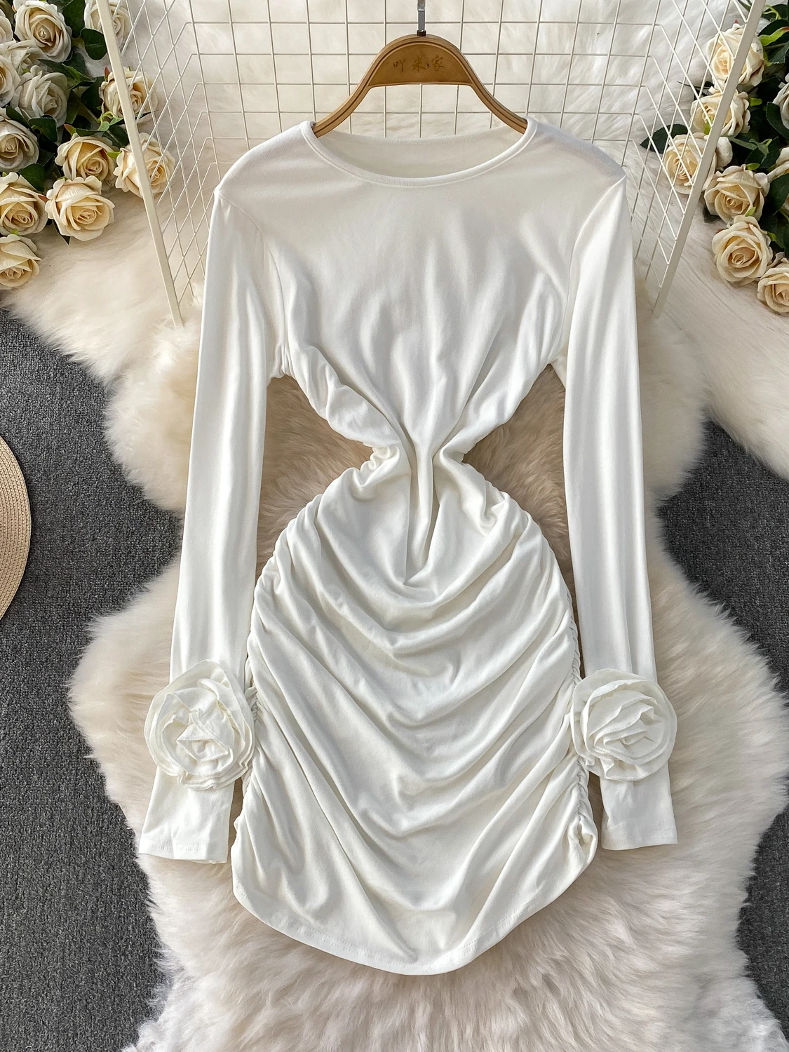 Foamlina Casual Women Long Sleeve Ruched Mini Dress Autumn Fashion Solid 3D Flowers Long Sleeve O Neck Slim Short Bodycon Dress