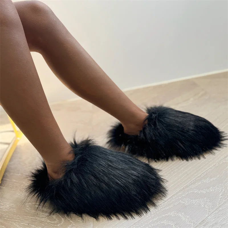 Women Fur Slippers Woman Fluffy Raccoon Fox Fur Slides Female Furry Outside Flat Flip Flop Ladies Rainbow Slip On Sandals