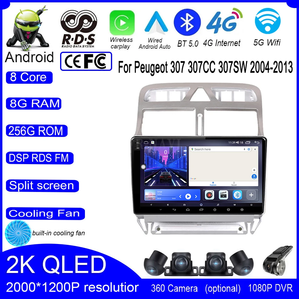 

QLED For Peugeot 307 307CC 307SW 2004-2013 DSP Car Radio Video Multimedia Navigation GPS IPS 4G+Wifi Stereo Touch Screen Auto