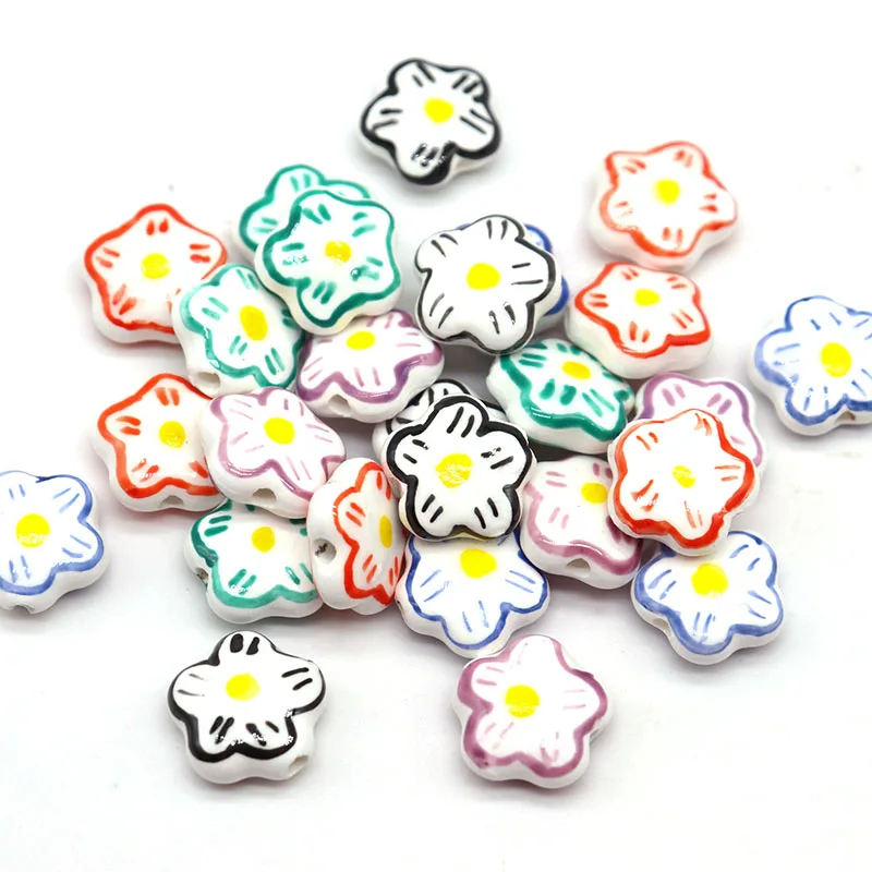 Cerâmica Girassol Beads para Fazer Jóias, Espaçador Colorido, Porcelana, Acessórios DIY, Brinco, Pintados à Mão, 5PCs, 6X15mm