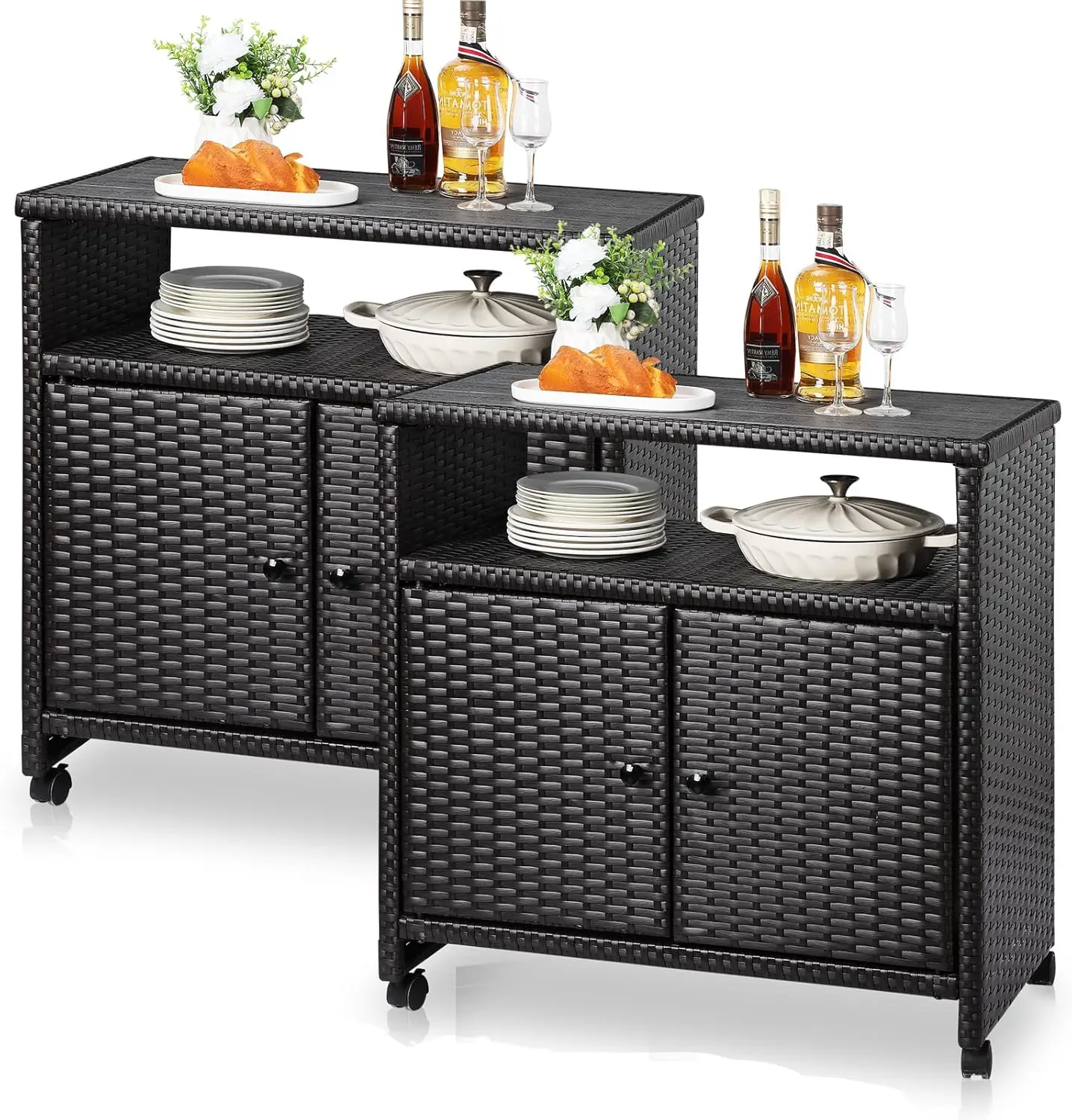 

Outdoor Wicker Storage Cabinet Set Of 2 - Patio Bar Table Outdoor Buffet Cabinet With 2 Doors, Shelf And Wheels, All-Weather