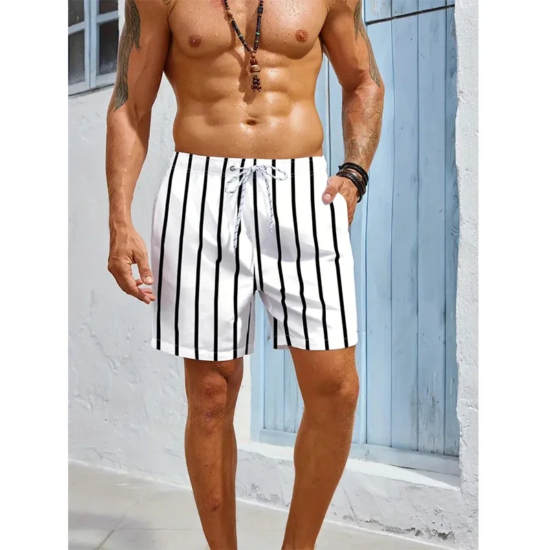 

Striped 3D Printing Plate Shorts, Casual Men's Graphic Shorts, Summer Hawaiian Breathable Swimming Trunks