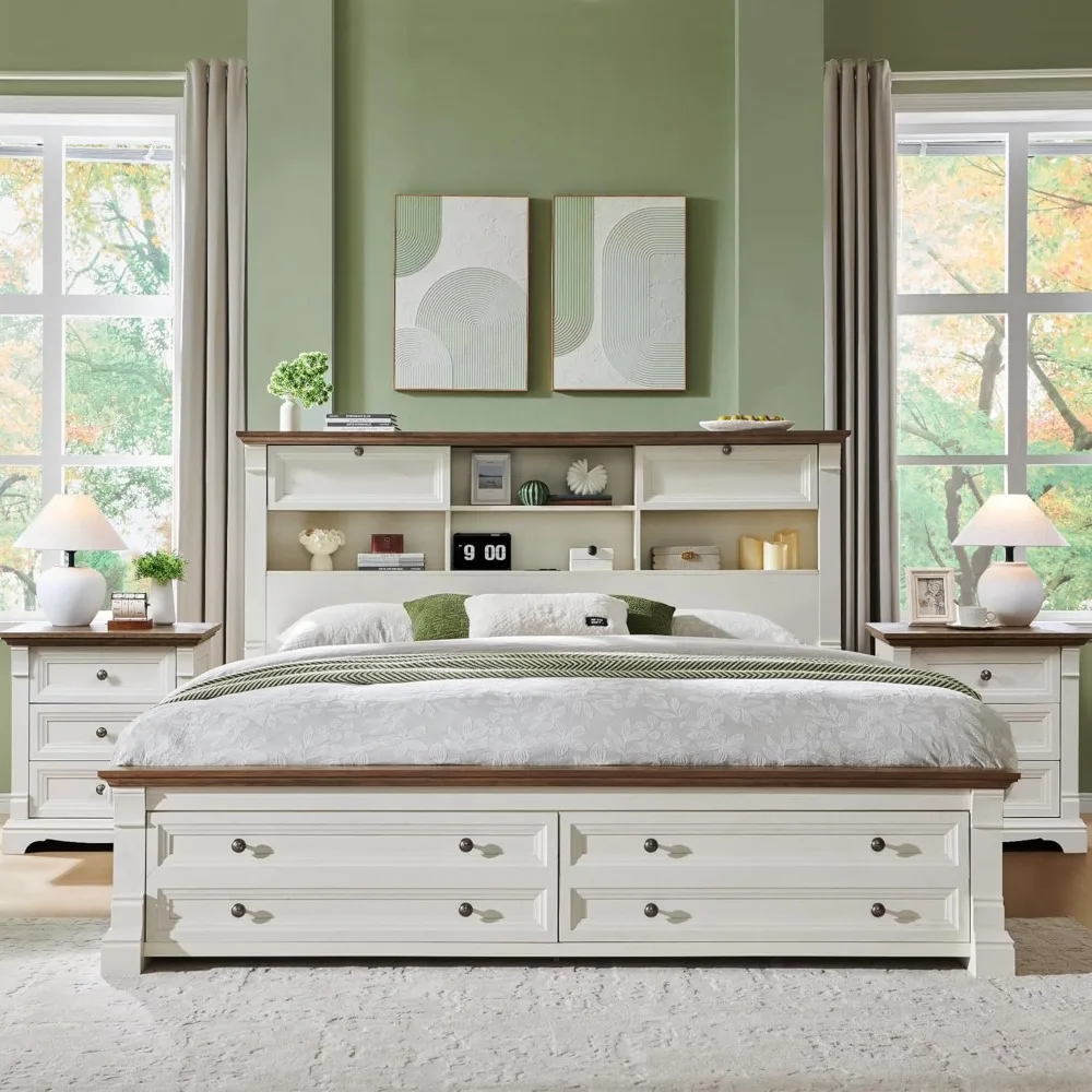 

Queen Size Bed Frame with 54 Tall Storage Bookcase Headboard, Wood Platform Bed Frame with 2 Drawers & 18 Tall Roman C