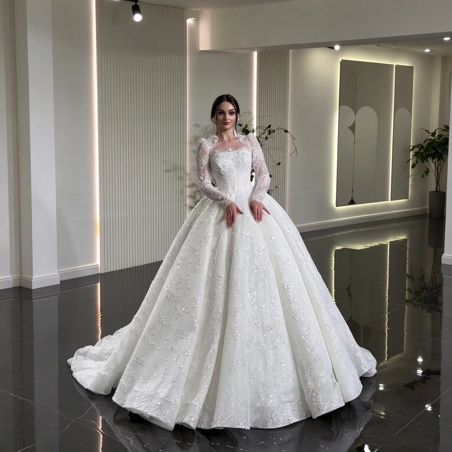 Luxury Ball Gown Wedding Dress Long Sleeves Square Neck Lace Sequins Beaded Cathedral Train Gowns Vestidos De Novia Customized