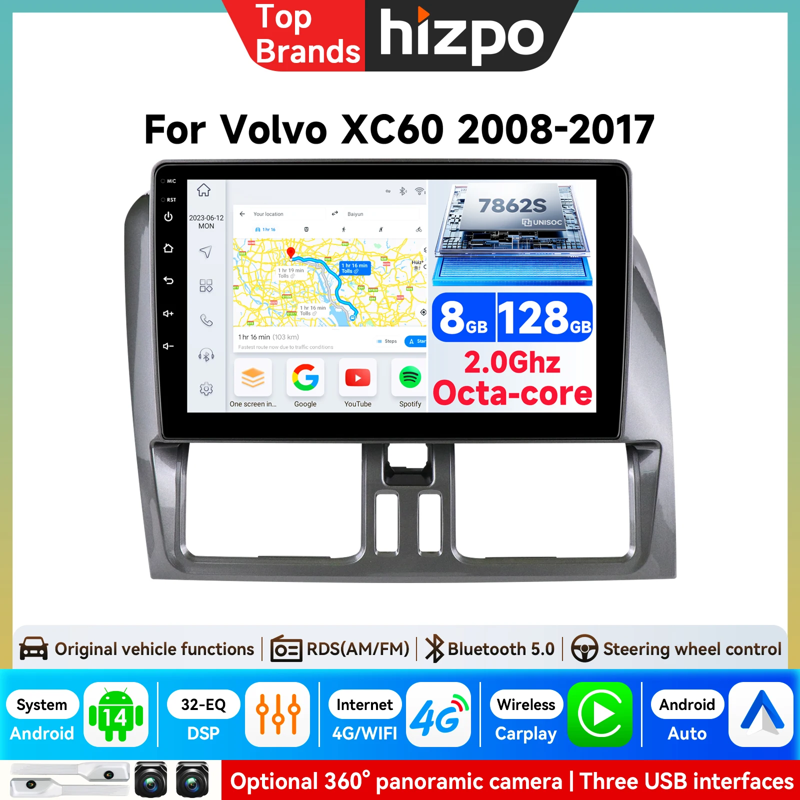 Hizpo Autoradio für Volvo XC60 2008 2009 2010 2013 2014 2017 Kabelloses CarPlay Android Auto 4G Auto-Multimedia GPS 2 Din Autoradio