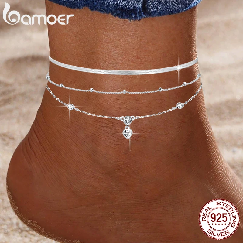 

BAMOER 925 Sterling Silver Snake Chain Anklet Bracelet, Adjustable Beach Ankle Bracelets for Women Foot Chain Jewelry 3 Styles