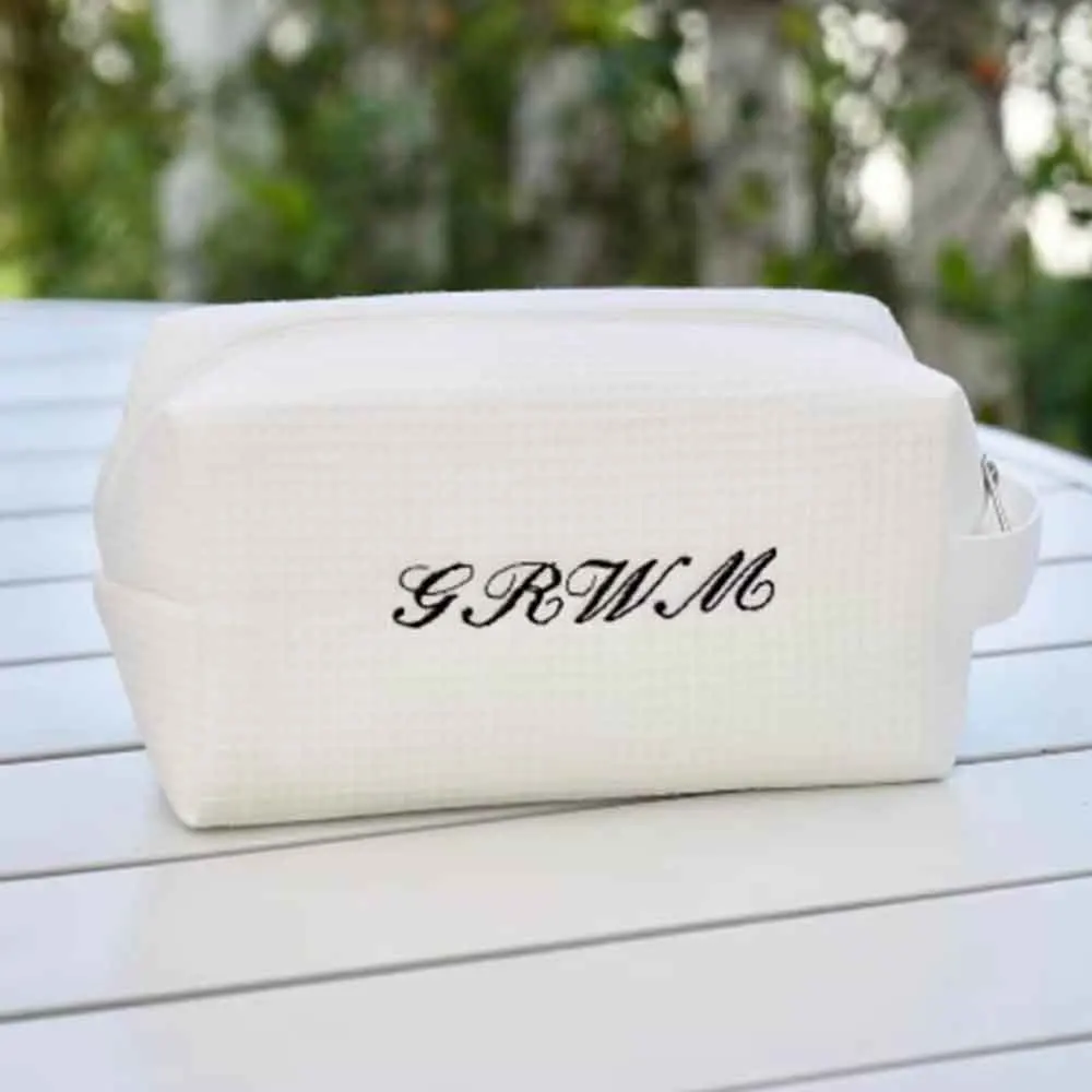 Personalized Toiletry Makeup Bag - Custom Embroidered Waffle Cosmetic Bag - Bow Design Monogrammed Cosmetic Bag Set with Name