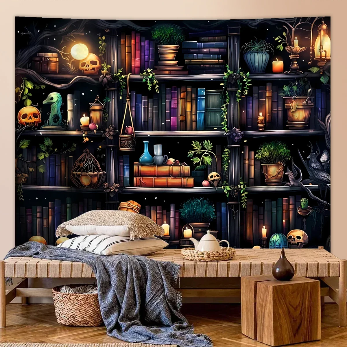 1pc Bookshelf tapestry, magical Gothic cowhead bone witch, retro plant mysterious education bookshelf tapestry