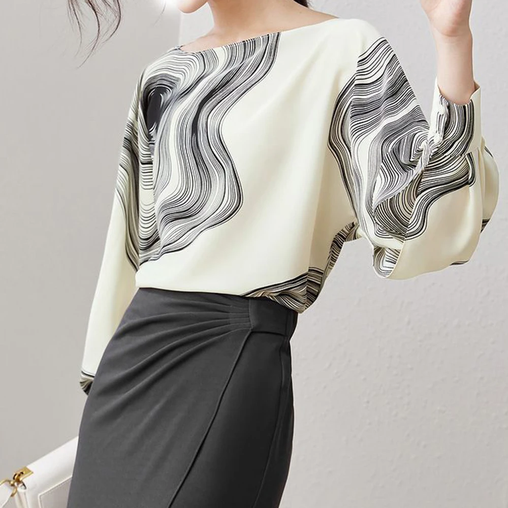 

Ink element round neck lantern sleeve chiffon shirt 2025 spring new retro pullover design sense long sleeve top women