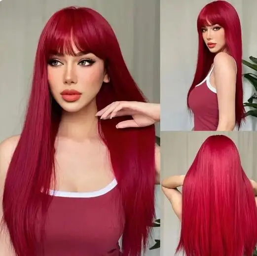 

New Wig Female Natural Bangs Long Straight Wine Red Synthetic High Temperature Silk Wig Full Head Cover