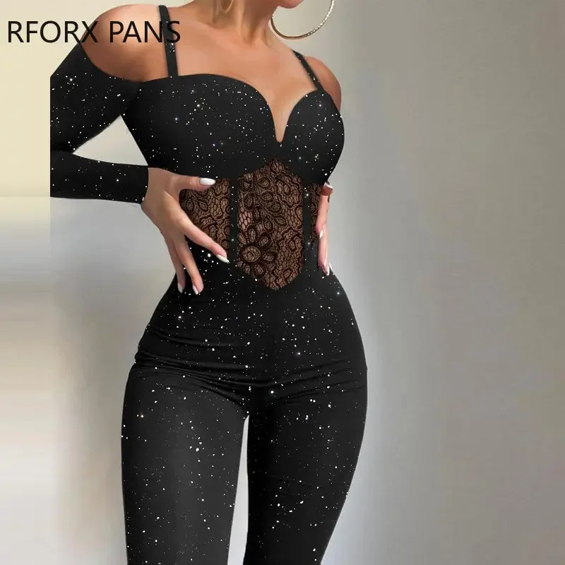 

Women Glitter Deep V Neck Spaghetti Straps Design Bodycon Lace Patch Bright Line Deco Skinny Jumpsuit Sexy Dancing Jumpsuit