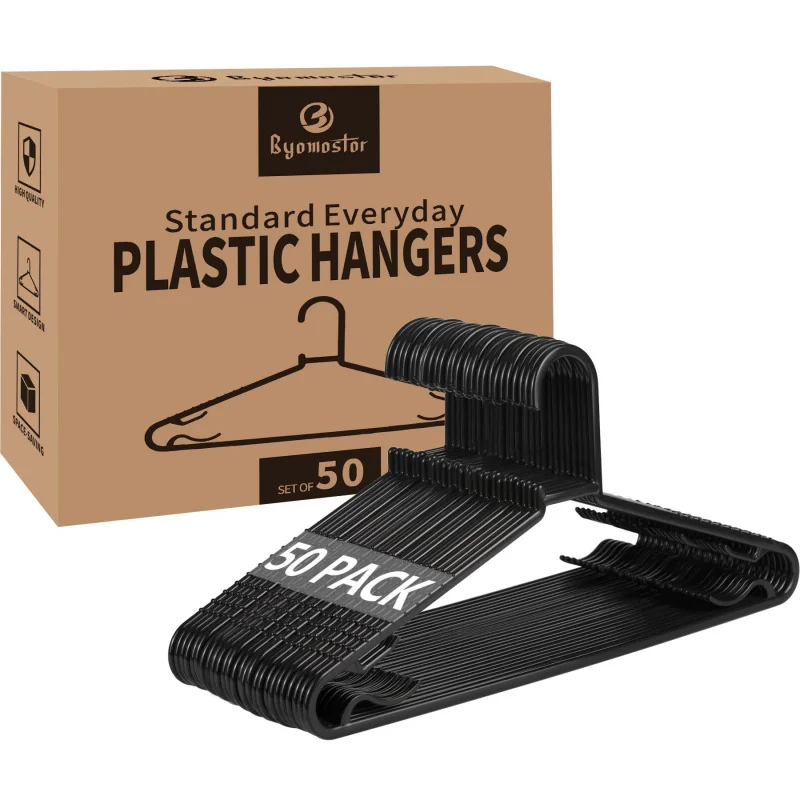 

50PCS Black Plastic Hangers Non Slip Clothes Hangers with Hooks Slim Space Saving for Dresses Tanks Laundry Closet Organizer Set