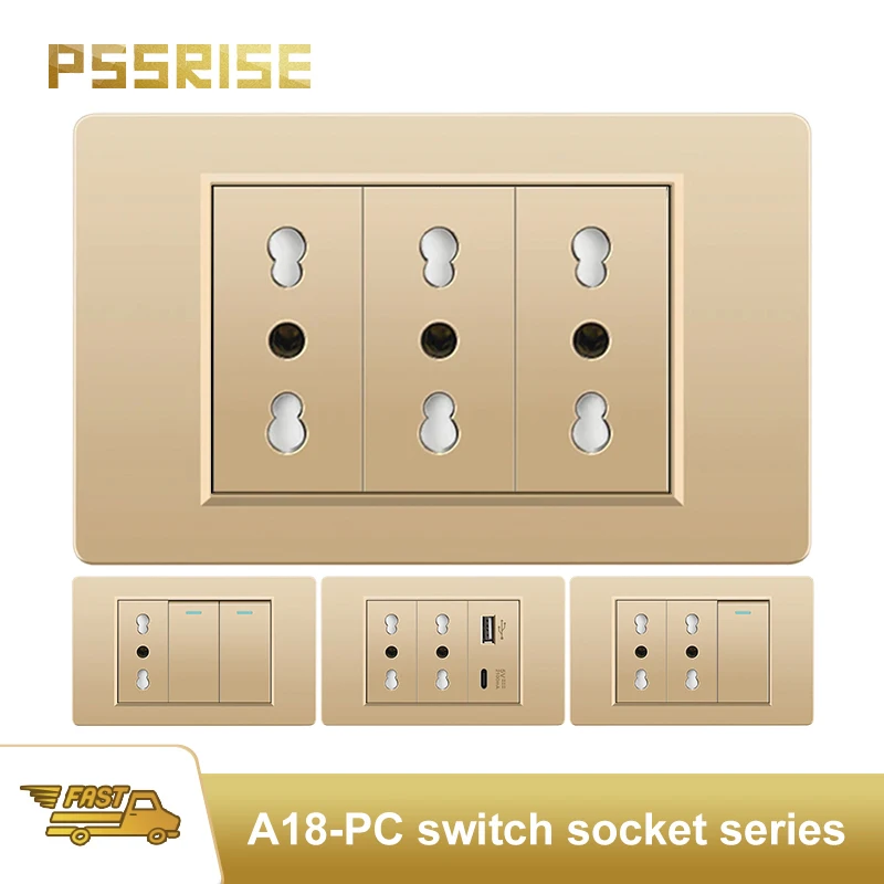 

PSSRISE Gold EU Italy A18 PC Panel Wall Socket 5V 2.1A USB Type-c Charging Power Socket Light Switch TV Phone Computer Socket