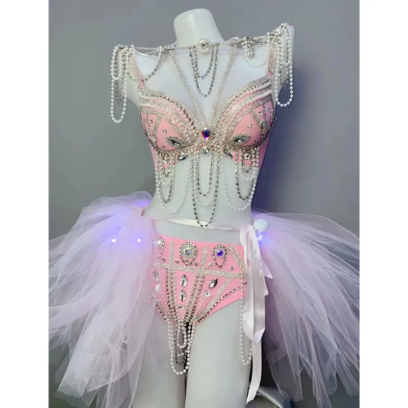 

Pink Pearl Rhinestones Bikini Gauze Skirt LED Dance Costume Nightclub Bar Sexy Pole Stage Wear Dancer Musical Festival Clothing