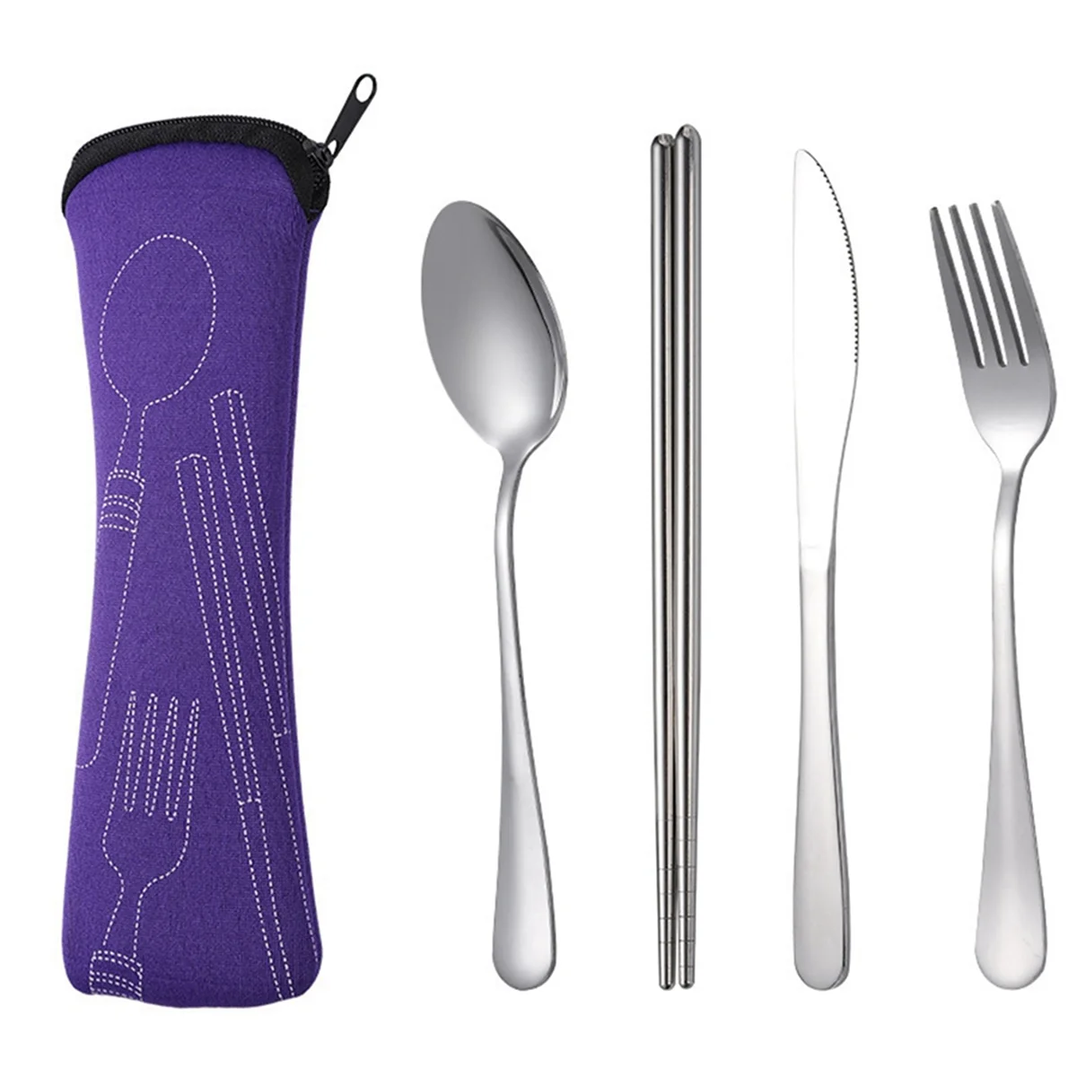 4Pcs Set Dinnerware Portable Stainless Steel Spoon Fork Steak Knife Set Travel Cutlery Tableware with Bag Purple