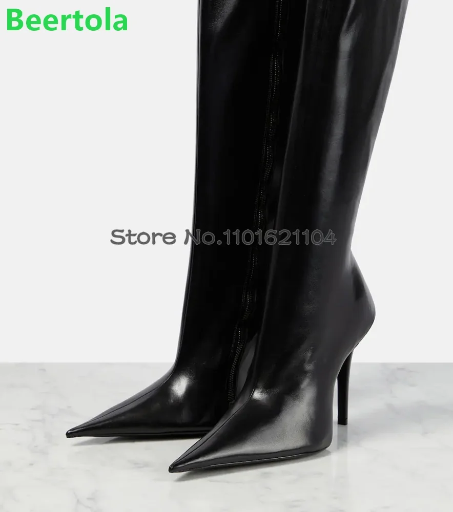 Black Thin High Heel Pointed Toe Boots For Female Women 2024 Winter New Real Leather Side Zipper Sexy Solid Fashion Elegant Shoe