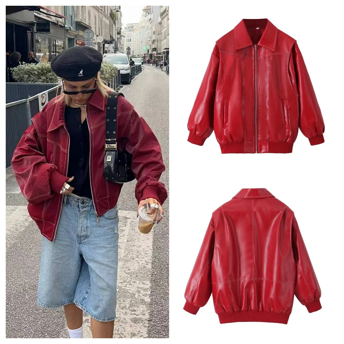 Women Vintage Solid Red Leather Spliced Cropped Zipper Coat Casual Fashion Lapel Long Sleeve Cool Jacket Female Autumn Outerwear