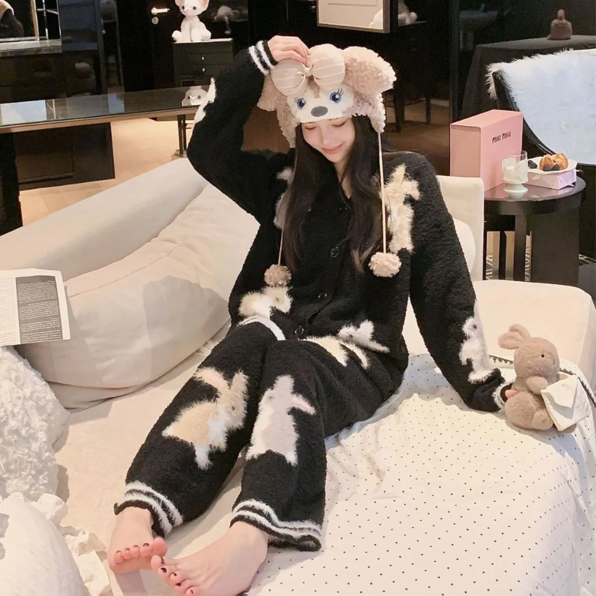 Japanese loose autumn and winter soft and cute little bunny women's cardigan warm half flannel pajamas set plush home clothes