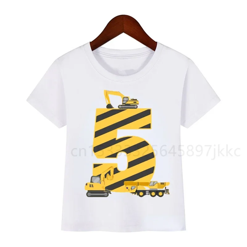 Children's Cartoon Excavator Construction Vehicle Bulldozer Crane Birthday Number Name Print T-shirt Boy Girl Funny GiftT-shirt