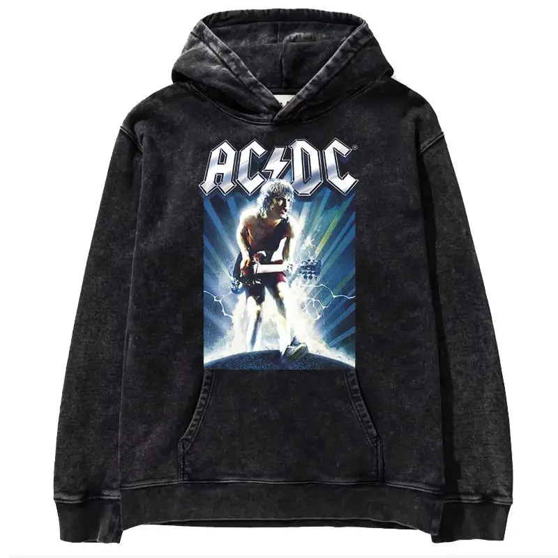 Y2K Hip hop ACDC band 1981 Rock Band Tokyo concert commemorative edition men\'s metal punk made old printed washed hoodie hoodie