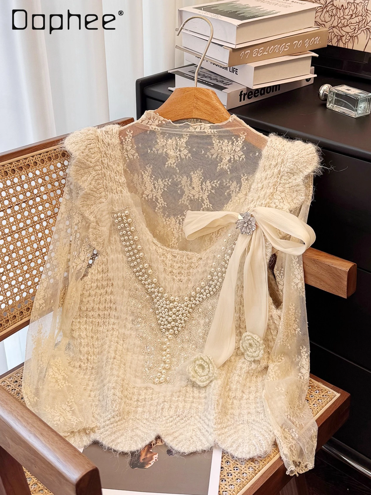 

French Fairy Style Sweet Ruffled V-neck Rhinestone Bow Lace High-neck Base Sweater Two-piece Set for Women 2025 Winter New