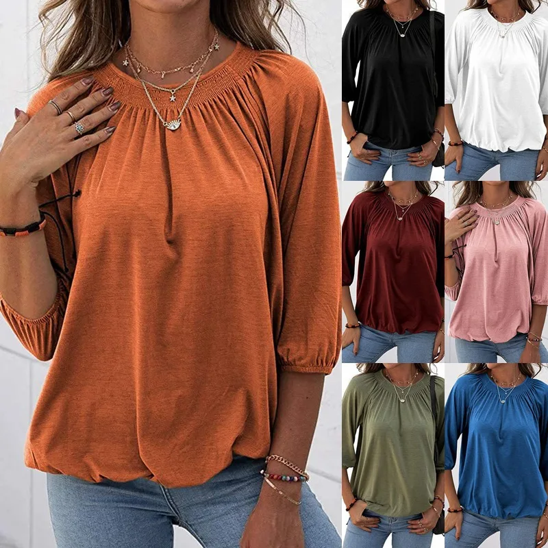 

2026 Summer Blouse Smocked Round Neck 3/4 Puff Sleeve Ruffle Hem Casual Loose Tops for Woman Clothes