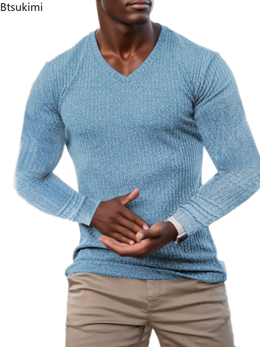 

2025 Mens Spring Autumn Fashion Knitted Sports Long Sleeved T-shirt Slim Fit Round Neck Running Gym Training Bodybuilding Tees